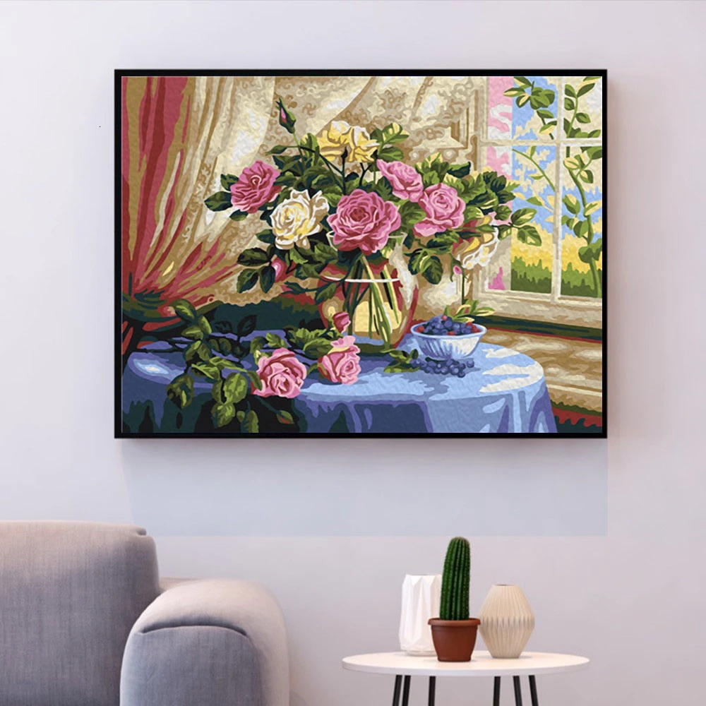 HUACAN Barvanje Z Številkami Rose Cvetje HandPainted Risanje Platno Kompleti DIY Doma Dekoracijo Slike Kolorit Darilo