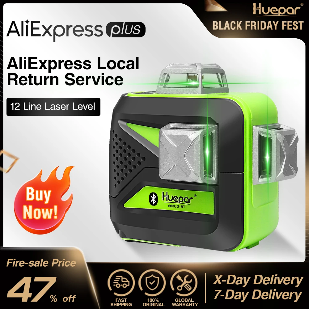 Huepar 3x360 Zeleni Žarek 3D Laserski Ravni z uporabo tehnologije Bluetooth Self-Izravnavanje Križ Linijo USB Polnjenje Uporabljajte Suh & Li-ionska Baterija
