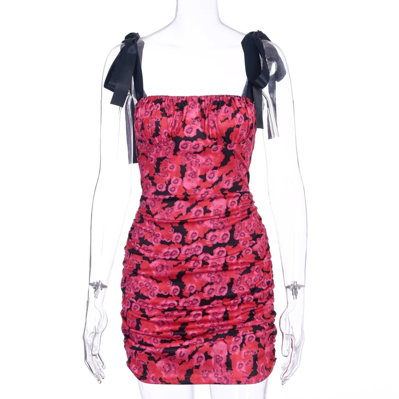 Hugcitar 2020 cvjetnim tiskanja brez rokavov srčkan mini obleka pomlad ženske ulične ruched mozaik božični party obleke