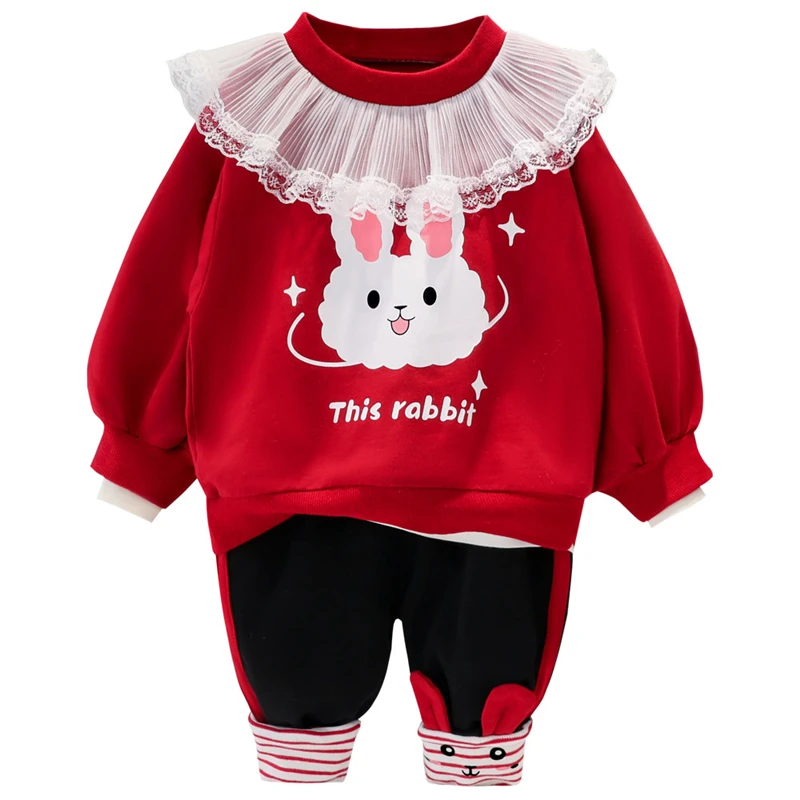 HYLKIDHUOSE Baby Girl Obleke 2021 Pomlad Otroci Kompleti Oblačil Zajec Lace Majica s kratkimi rokavi Hlače Malčka, Dojenčkov, Otrok, Priložnostne Kostum