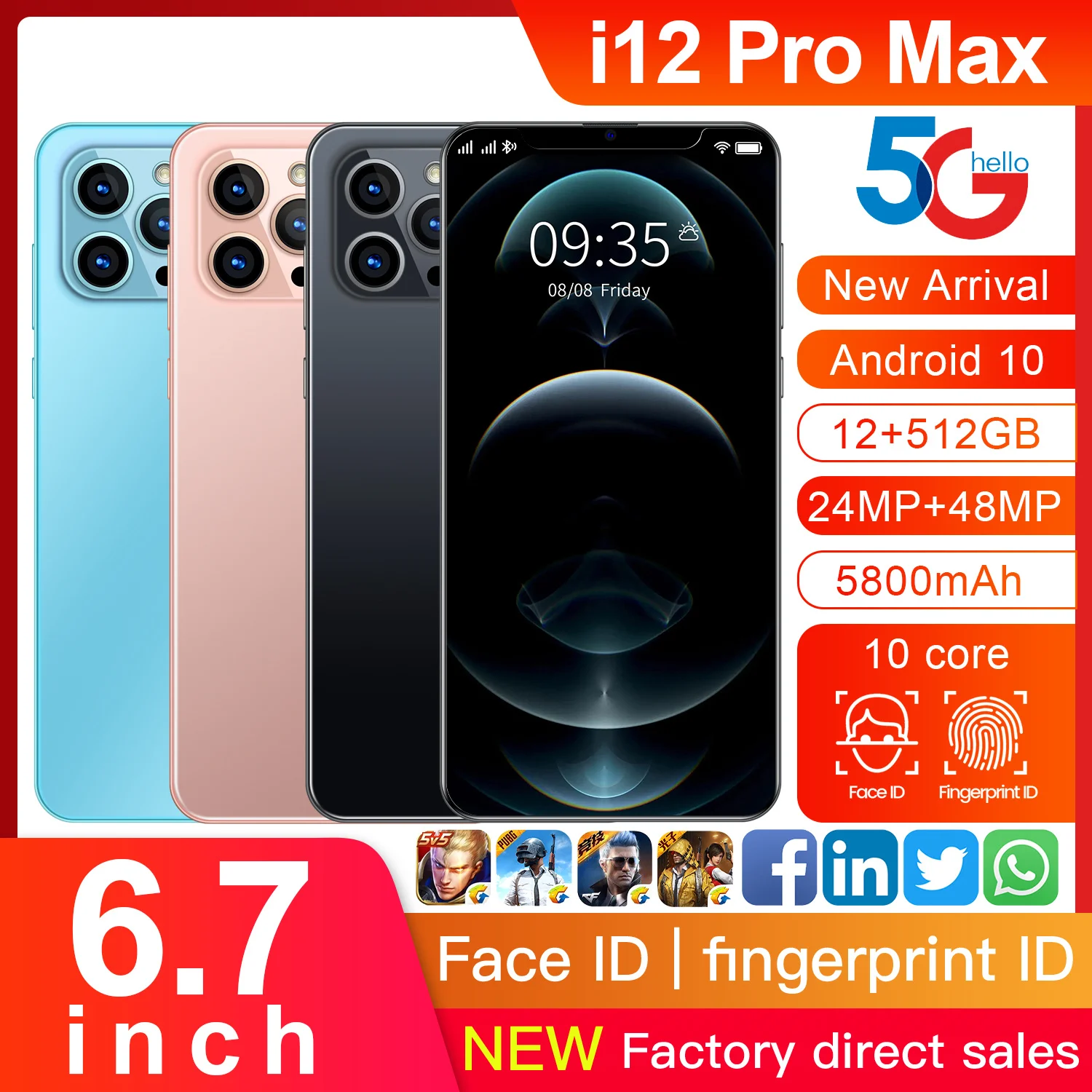 I12 Pro Max 6.7 palčni Pametni Deca Jedro 12G 512G 48M 5800Mah Obraz Odklepanje 5G LTE mobilni telefon Globalni Različici celozaslonskem načinu
