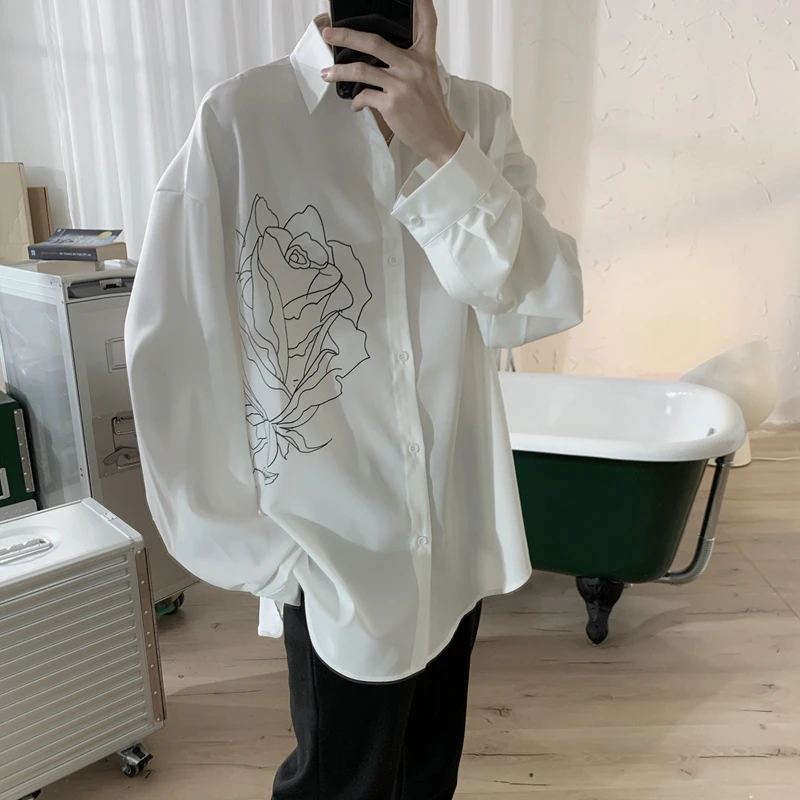 IEFB /oblačila za moške design rose tiskano majico za moške 2021 letnik korejskem slogu dolg rokav črno bel ulične vrhovi novo 9Y2633