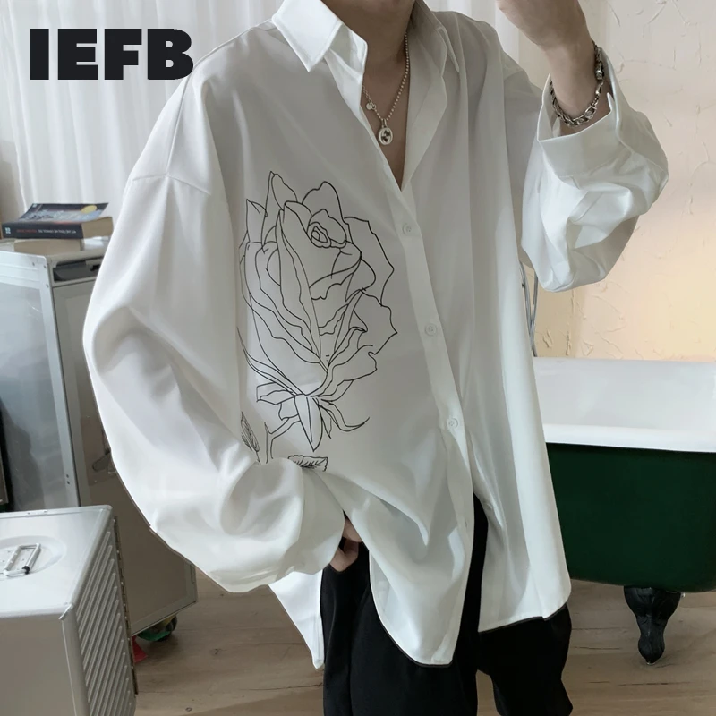 IEFB /oblačila za moške design rose tiskano majico za moške 2021 letnik korejskem slogu dolg rokav črno bel ulične vrhovi novo 9Y2633
