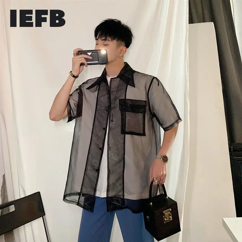 IEFB /oblačila za moške seksi Domač pregleden pol-sleeve majica moški je organza svoboden 2021 poletje plima design vrhovi velikosti 9Y2749