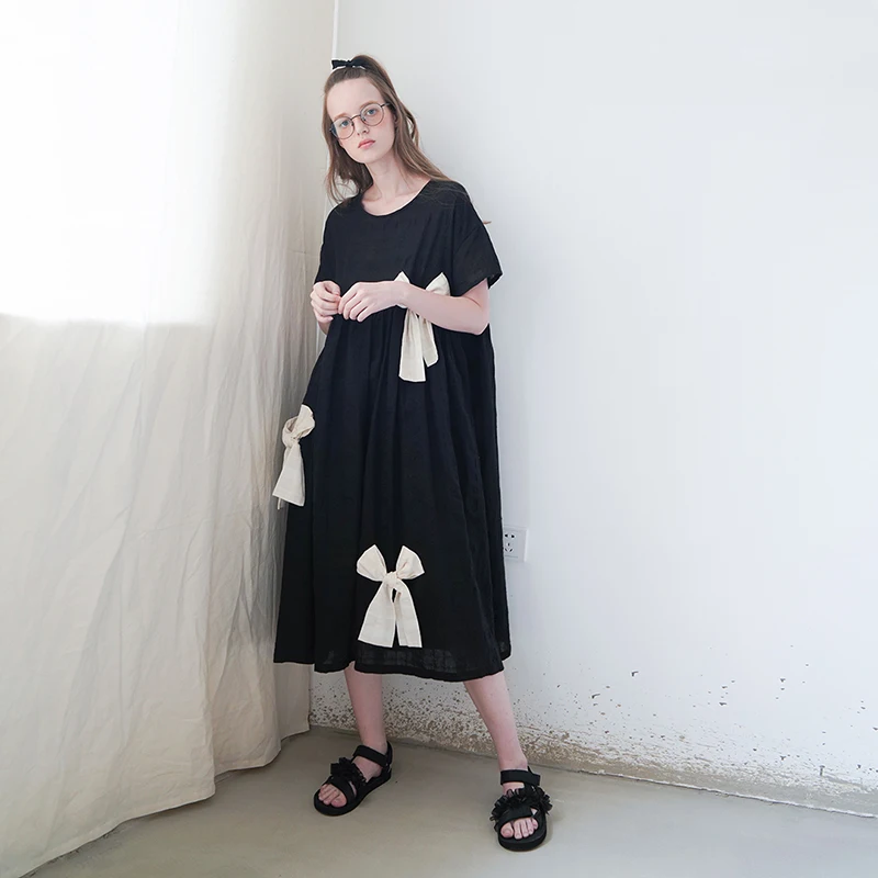 Imakokoni črno mašno obleko izvirne zasnove Japonski srčkan svoboden mid-dolžina ženskih poletnih 182374