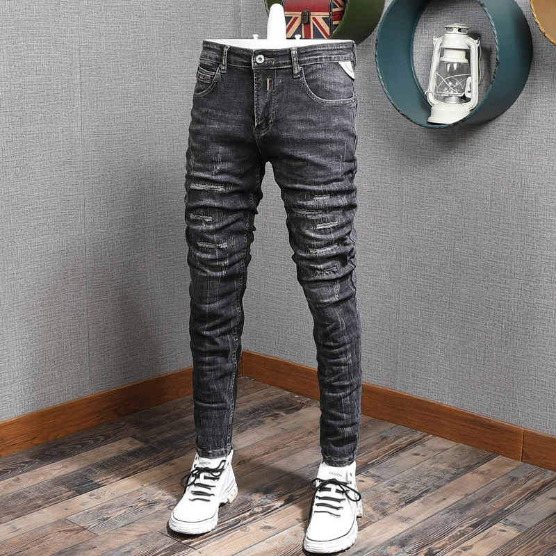 Italijanski Modni Stil Moške Jeans Retro Črno Siva Elastična Slim Fit Raztrgala Traper Hlače Vezenje Letnik Oblikovalec Dolge Hlače