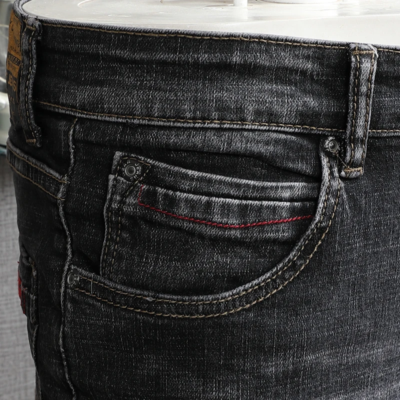 Italijanski Modni Stil Moške Jeans Retro Črno Siva Elastična Slim Fit Raztrgala Traper Hlače Vezenje Letnik Oblikovalec Dolge Hlače