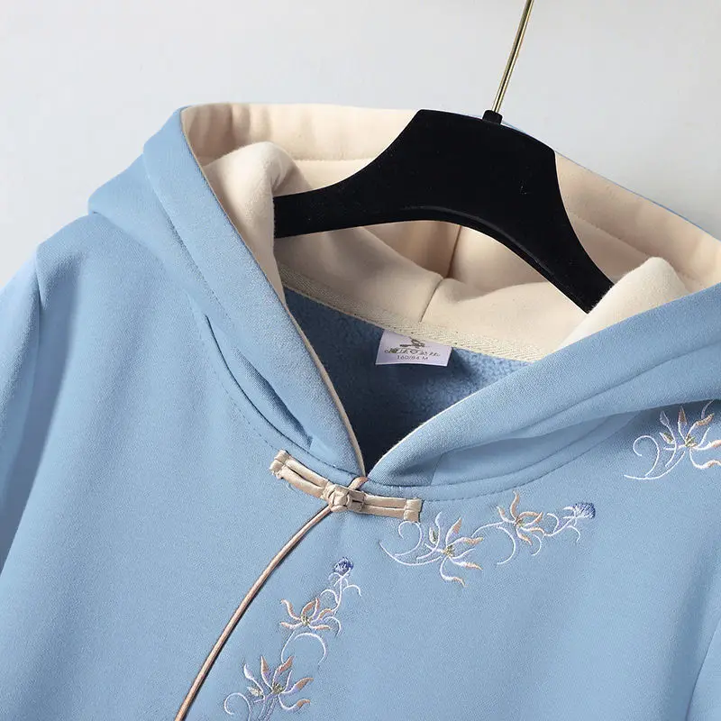 Izboljšanje Kitajski Slog Hooded Šivanje Cheongsam Vezenje Majica Obleko Jeseni In Pozimi Debele Ženske Obleke Harajuku