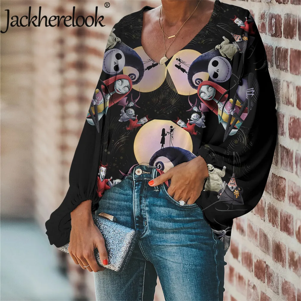 Jackherelook Jack Skellington Tiskanja Plus Velikost Šifon Bluze za Ženske Nočna mora Pred Božičem Design Ženska Oblačila Majice