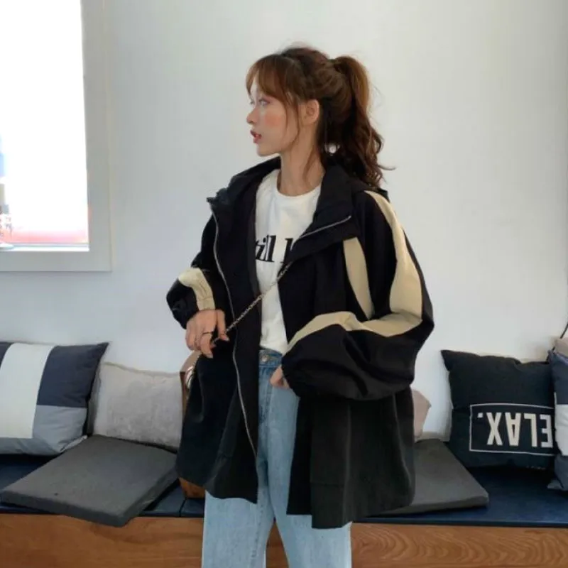 Jakne Ženske Prugasta Hooded Izgubijo Vse-tekmo Študentov Priložnostne Vsakodnevno Zadrgo korejskem Slogu Harajuku Modi Windproof Outwear
