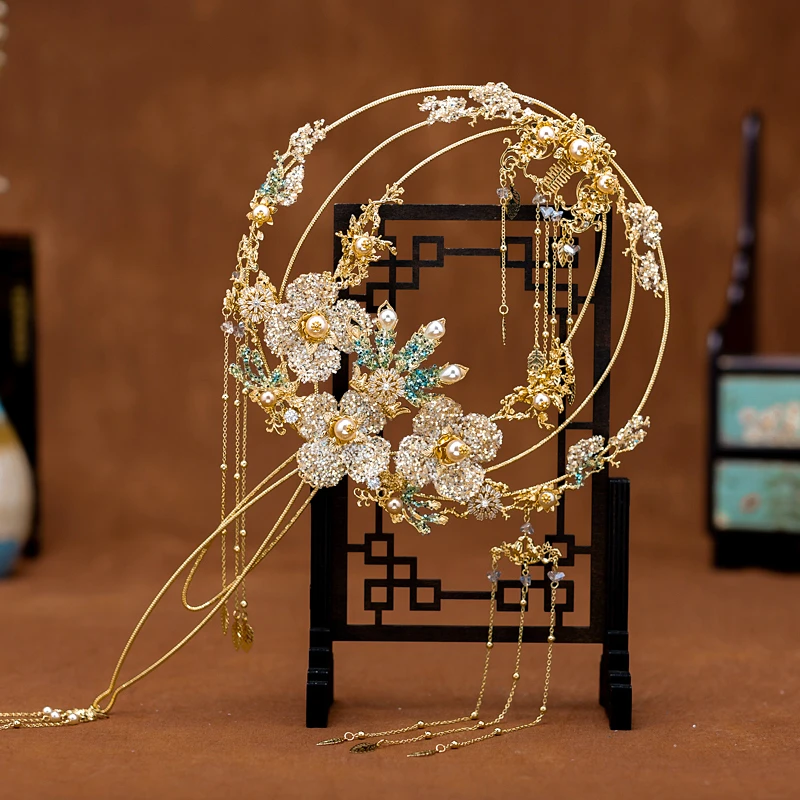 JaneVini Luxury Gold Kristalno Nevesta Fan Zlati Cvetovi Metulj Poročne Šopke Kitajski Slog Strani Šopek za Xiu Ka Obleka