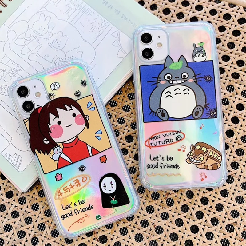 Japonska risanka Totoro Živahen Stran Ghibli Miyazaki Anime Kaonashi Laser kartico Primeru Za iPhone 11 11pro XR X 7 8Plus XS Max primeru