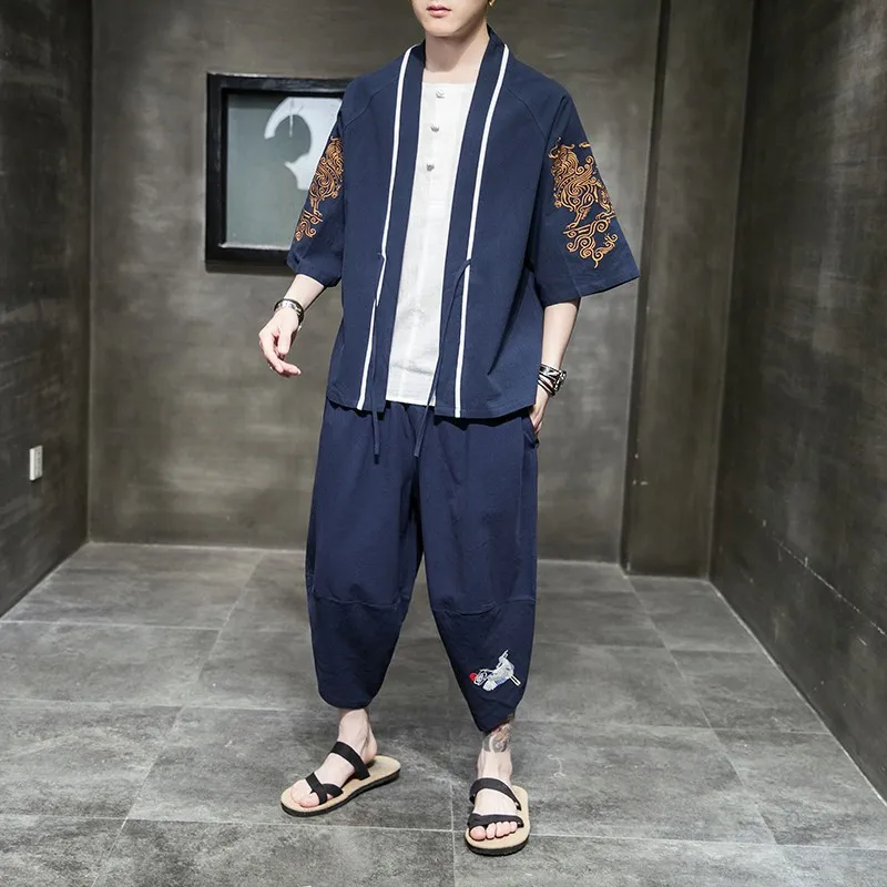 Japonska Tradicionalna Oblačila, Bombaž Kimono Hlače Moški Retro Yukata Azijskih Moda Tang Bo Ustrezala Harajuku Hanfu Yukata Jakna