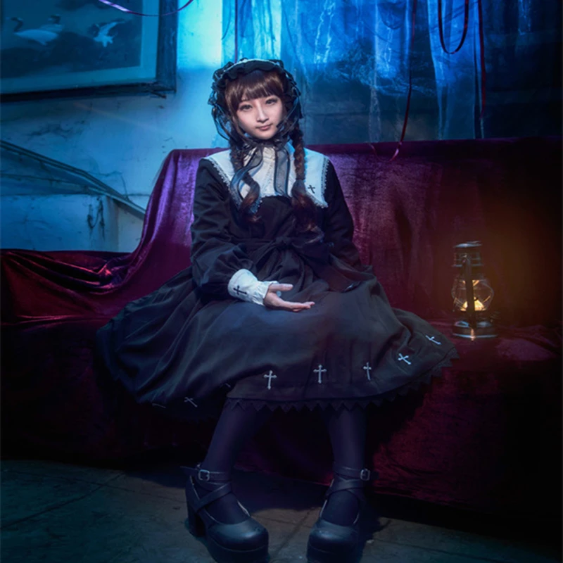 Japonski Harajuku Black Gothic Lolita Obleko Dekleta Nuna, Sestra Anime Cosplay Stranka Obleko