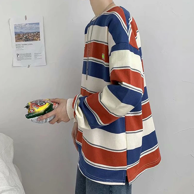 Japonski Kpop Smešno Prugasta t-shirt Prevelik Krog Vratu Ustvarjalne Dolgimi Rokavi, Oblačila Harajuku Kontrast Barve priložnostne Ulične