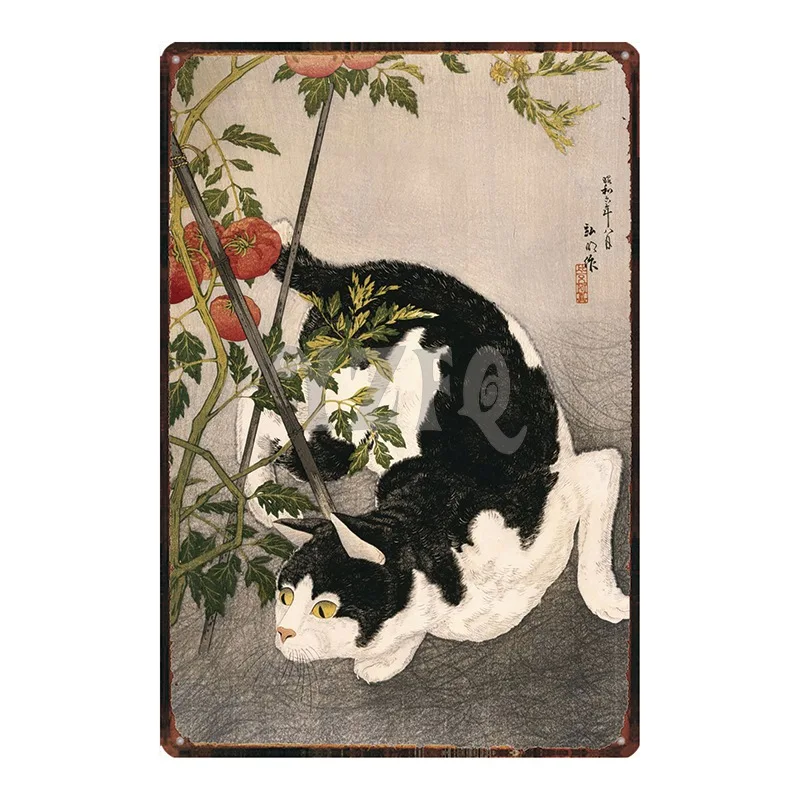 Japonski Samuraji Mačka Tatoo Mačka Pet Prijavite Kovinski Živali Tin Prijavite Letnik Plošče Za Stenske Umetnosti Retro Doma Dekor 30X20CM DU-2453A
