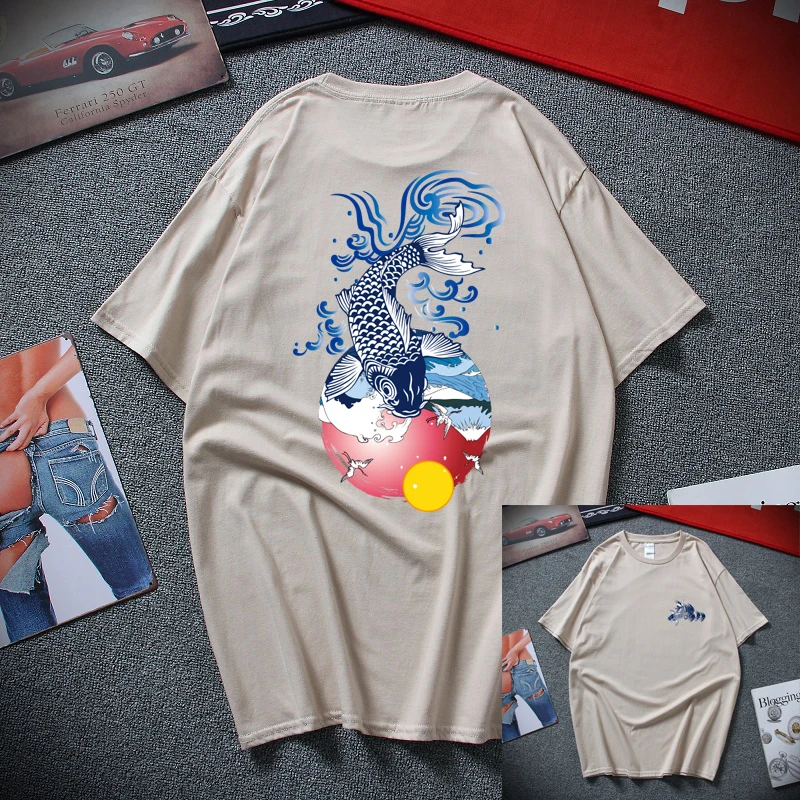 Japonski Slog Moški Majica s kratkimi rokavi Tiskanja Val Krap Ribe Vrhovi Tees moda Hip-hop tiskanje Polno nazaj krap poletje T-shirt