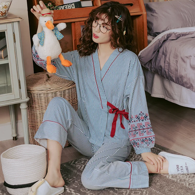Japonski slog Pižamo Za Ženske trak Sleepwear Ženske Bombaž Luštna Dekleta Svoboden Pyjama Femme Domov Nositi Velikosti Kimono Pijama