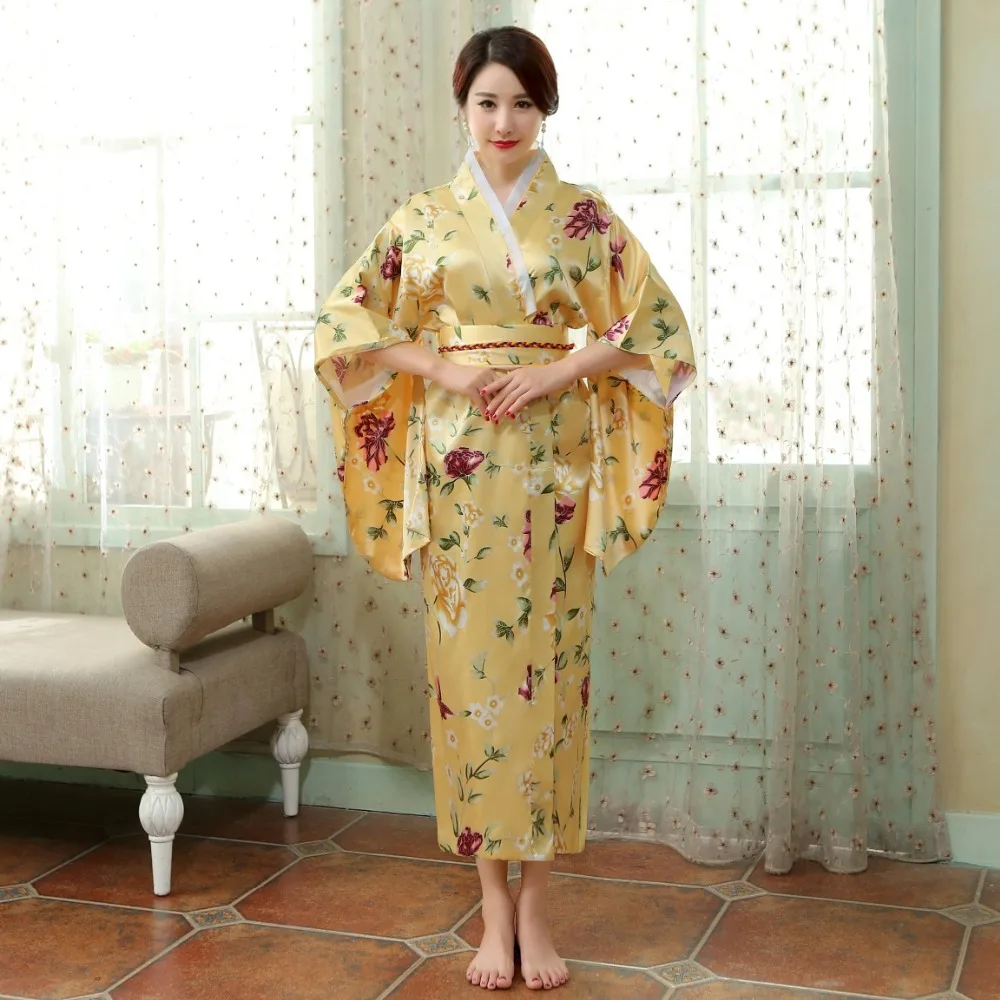 Japonski Tradicionalni Ženske Svile Rajon Kimono Letnik Yukata Z Obi Uspešnosti Ples Obleka za Halloween Kostum Ena Velikost HL04