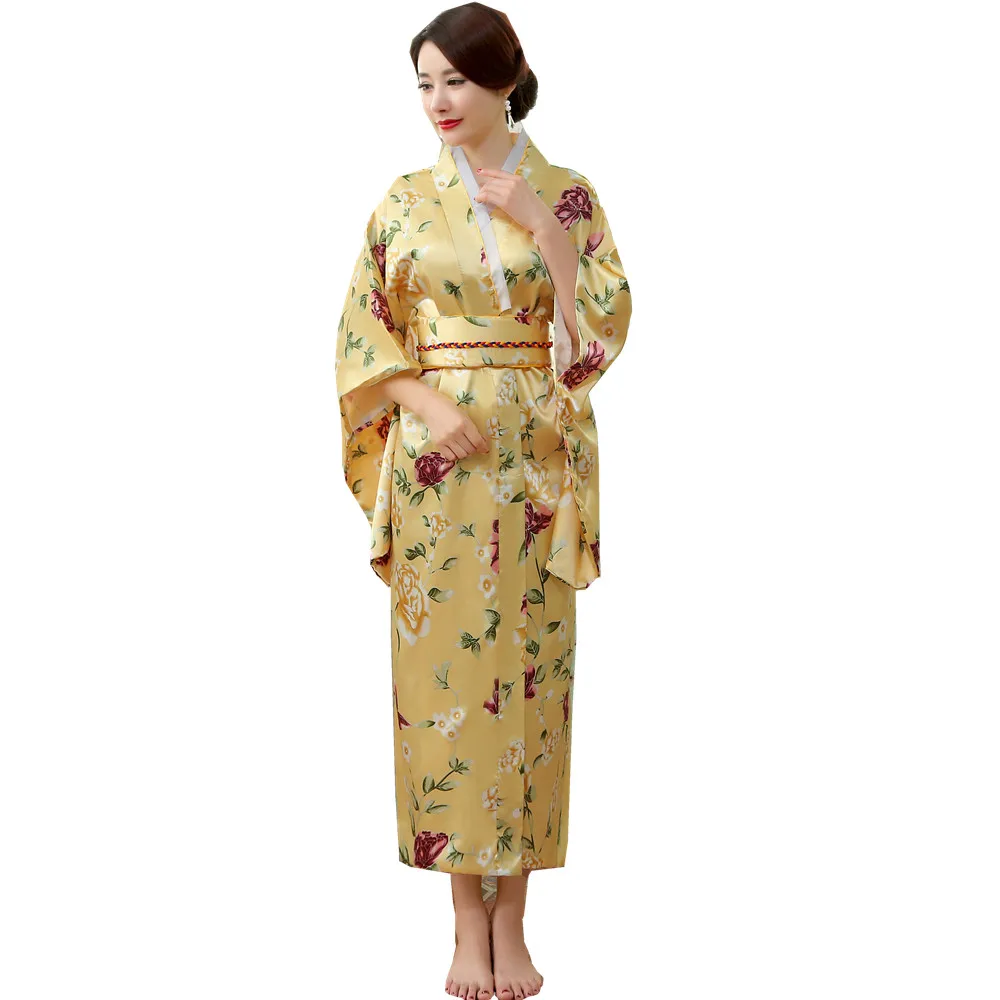 Japonski Tradicionalni Ženske Svile Rajon Kimono Letnik Yukata Z Obi Uspešnosti Ples Obleka za Halloween Kostum Ena Velikost HL04