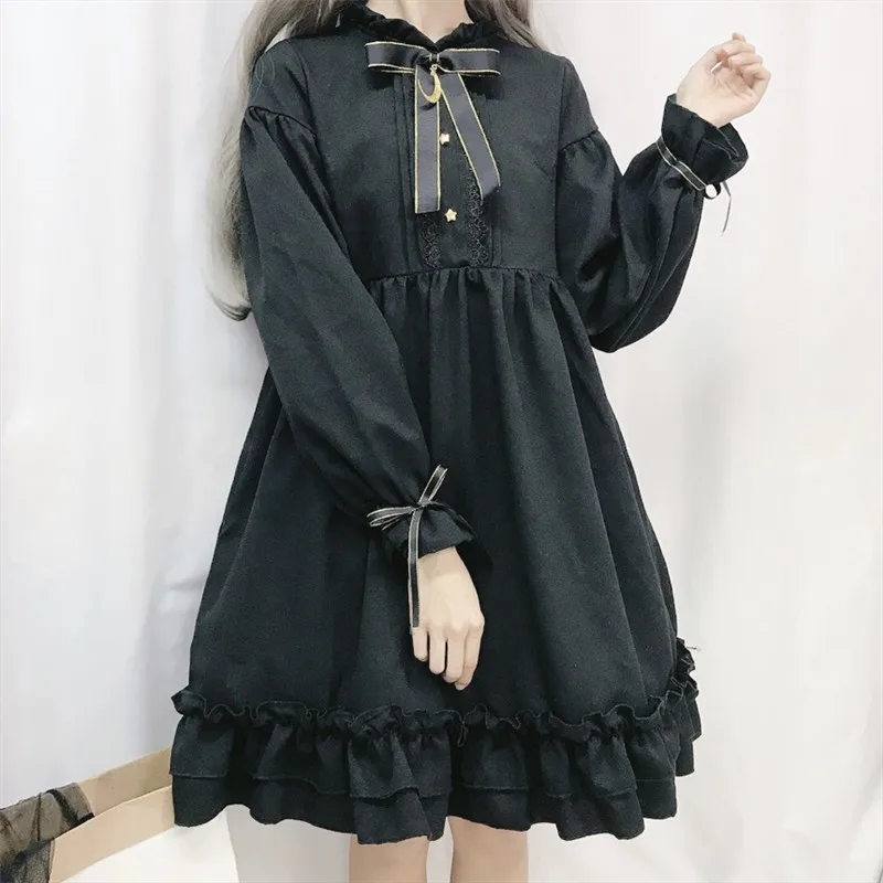 Japonski Črna Temno Dekle Lolita Sladke Pravljice Obleko Dolgo Flare Rokav Ogrlicom Lok Kravato Mini Cos Obleko Linije Kawai Devica Stranka Obleko