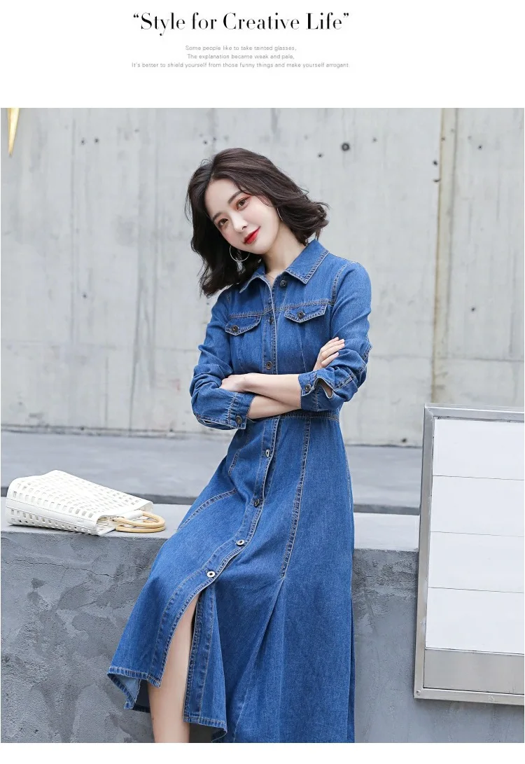 Jeansa obleko srednje dolžine ženske 2020 pomlad novo korejsko modni pas zapiranje dolg rokav priložnostne temperament dolgo krilo trend