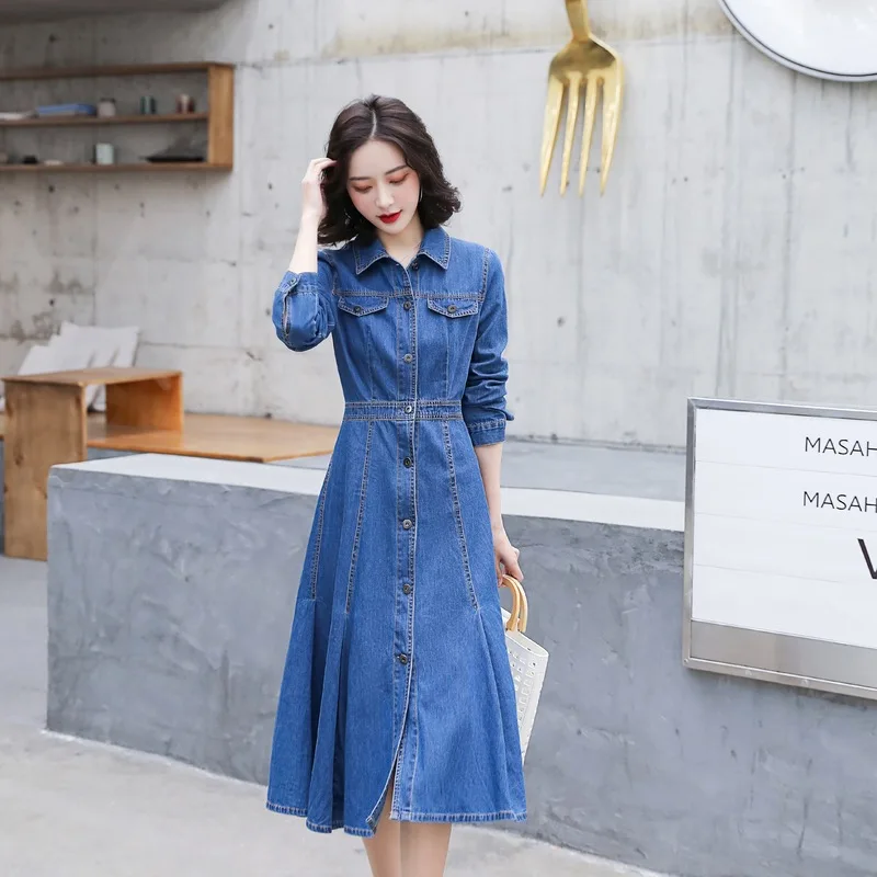 Jeansa obleko srednje dolžine ženske 2020 pomlad novo korejsko modni pas zapiranje dolg rokav priložnostne temperament dolgo krilo trend