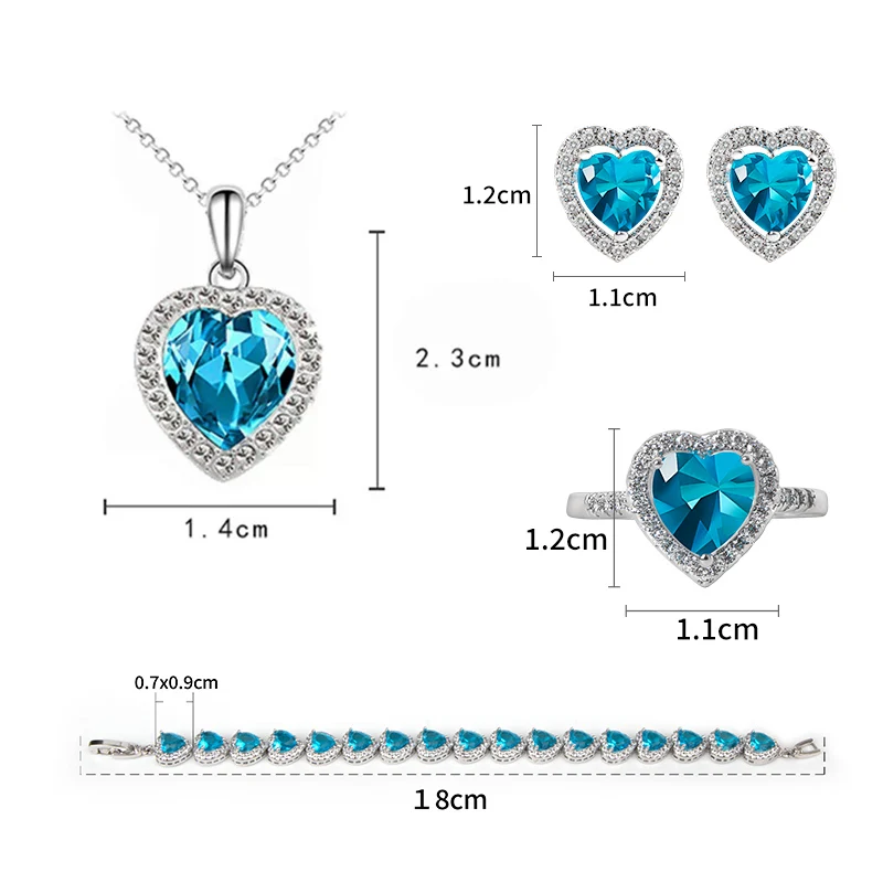 Jellystory nakit set 925 sterling srebrni nakit s srcem oblikovan safir prstan uhani, ogrlica, zapestnica za žensko poročno