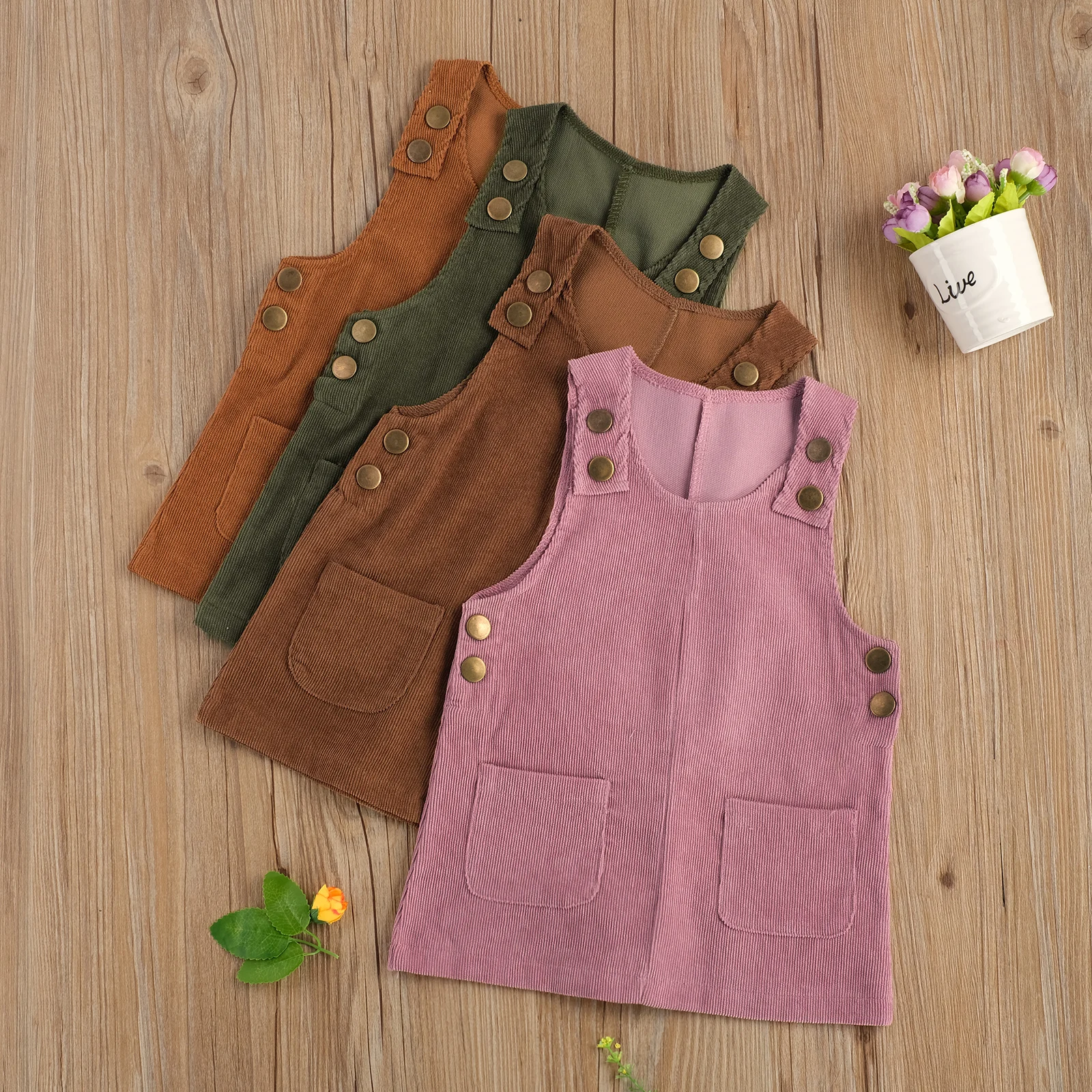 Jesen Pomlad Otroci Dekleta Lepe Obleke Obleko Trdna Gumb Pocket Velvet Naravnost Mini Sundress 4 Barv 0-4Y