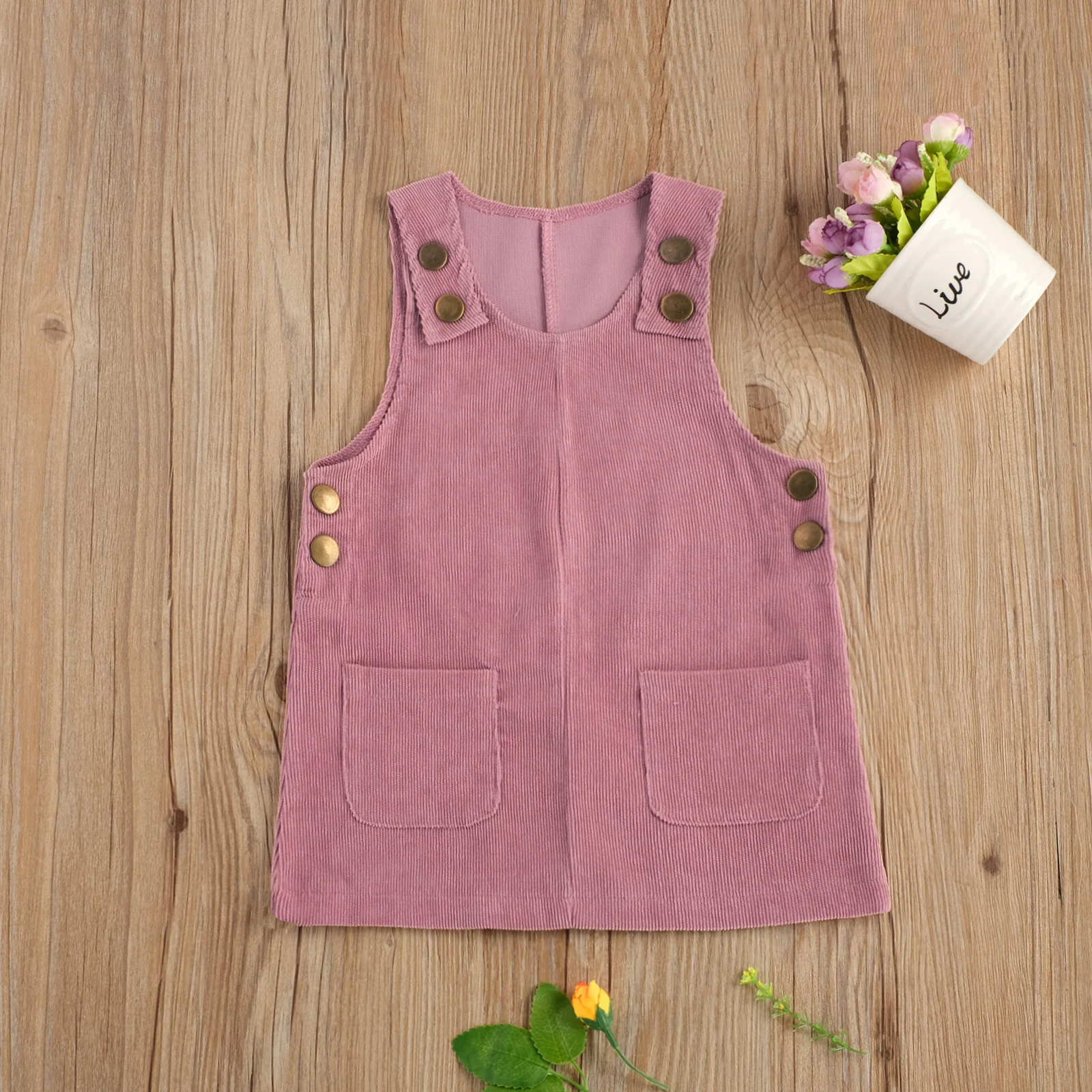 Jesen Pomlad Otroci Dekleta Lepe Obleke Obleko Trdna Gumb Pocket Velvet Naravnost Mini Sundress 4 Barv 0-4Y