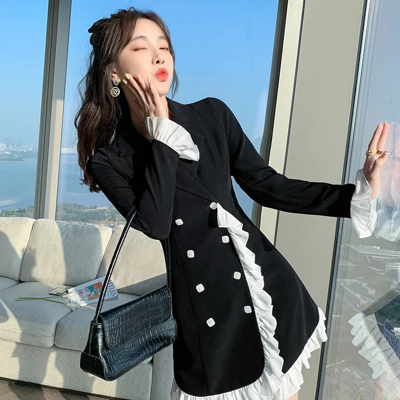 Jeseni 2021 Novo korejska različica Retro Slim Mozaik Ogrlicom Obleko Boginja temperament dvojno zapenjanje Proti-Vrat Obleko