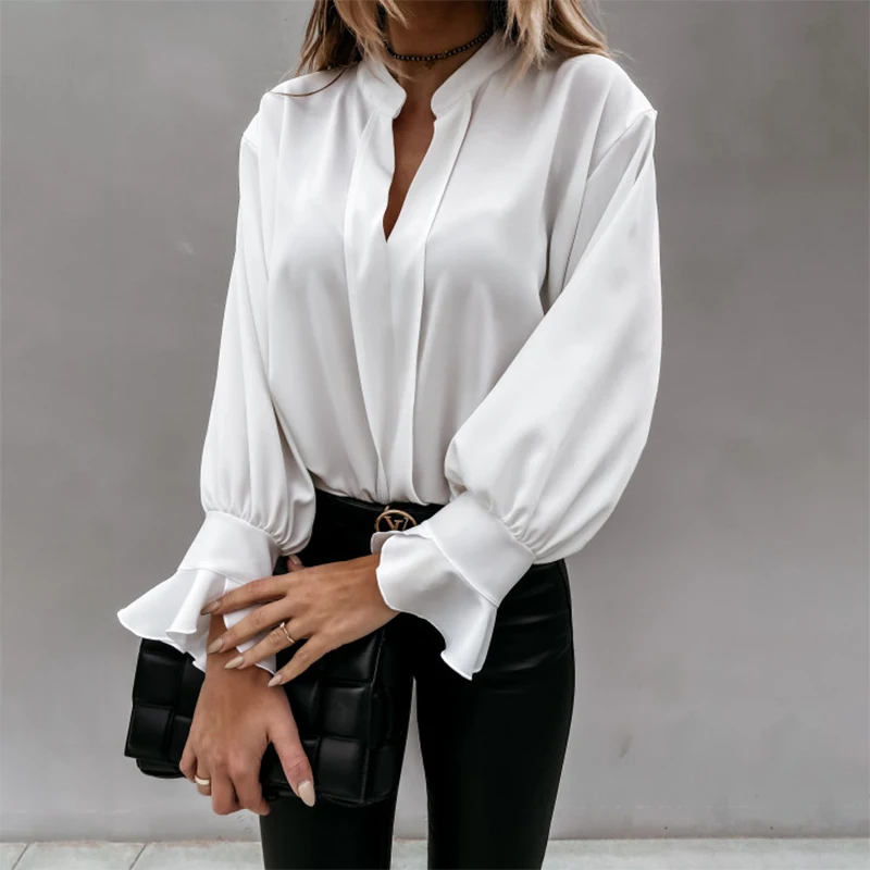 Jeseni Belo Bluzo Ženske Modni Proti-vrat Ruffle Dolg Rokav Elegantna Urad Dame Majice Plus Velikost Priložnostne Vrhovi In Bluze Femme