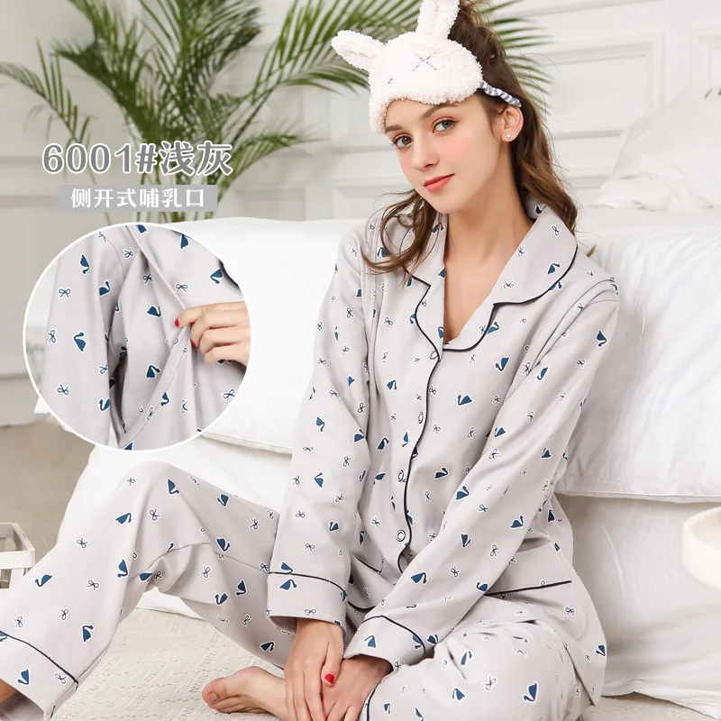 Jeseni Bombažno Pižamo Določa Žensk Natisnjeni Porodniškega zdravstvene Nege Sleepwear Obleko z Dolgimi Rokavi Spomladi Poln Nosečih Pižame Set