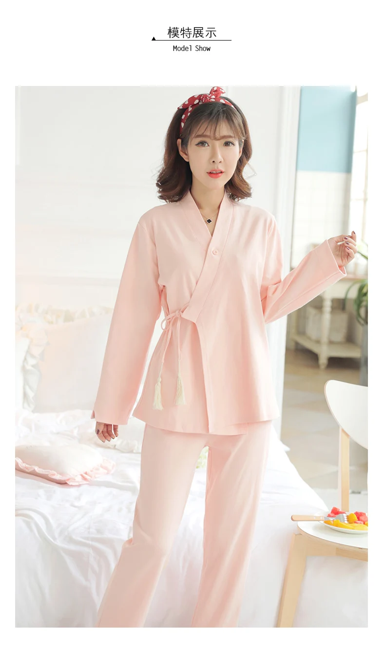 Jeseni dolg rokav kimono style pajama kompleti za ženske visoko kakovostnega bombaža ženski domov oblačila dekleta trdna preprost sleepwear