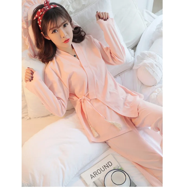 Jeseni dolg rokav kimono style pajama kompleti za ženske visoko kakovostnega bombaža ženski domov oblačila dekleta trdna preprost sleepwear