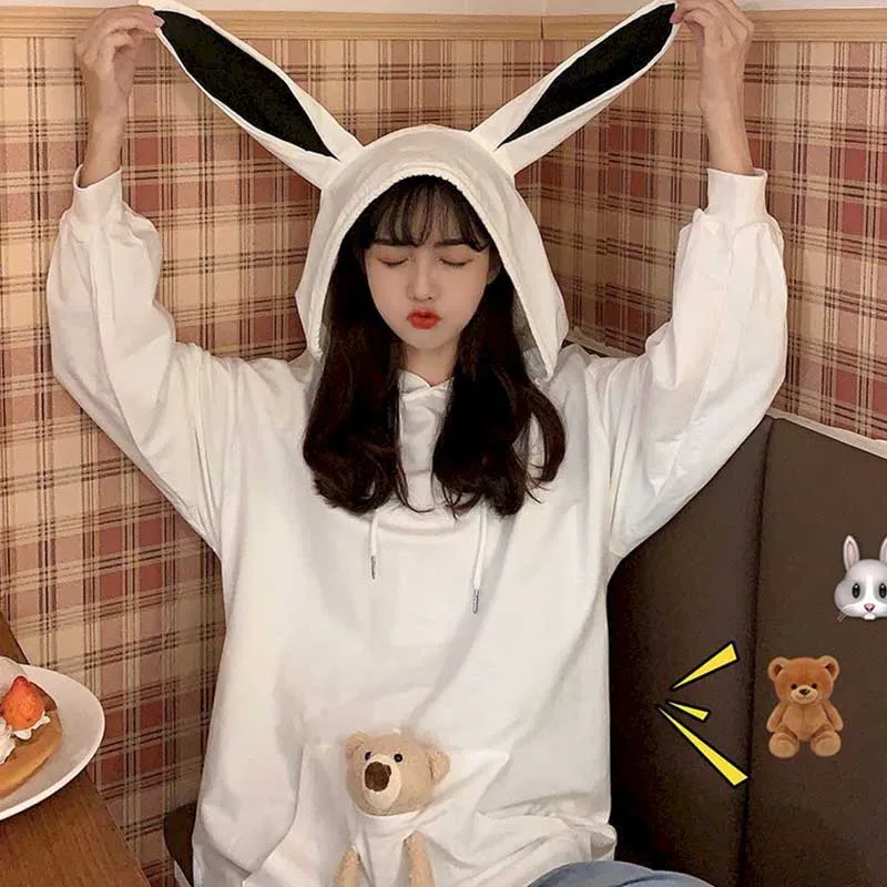 Jeseni hooded zajec ušesa dolgimi rokavi belo hoodies žensk jeseni korejska različica srčkan nosi zunanjo rabo svoboden leni top 20