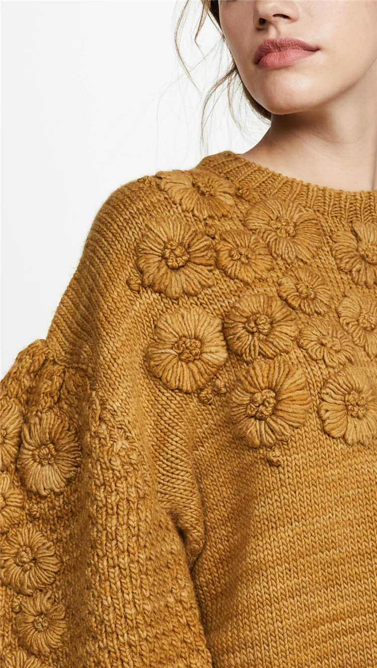 Jeseni in pozimi novo ročno vezene tri-dimenzionalni cvet volnene pulover ženske luč rokavi temperament lady dno majica jakno temperament pleteni pulover F231