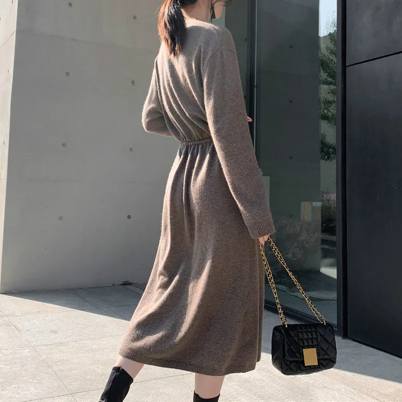 Jeseni Korejski Obleka Ženska Puloverji Eleganten V-Izrez Povoj Dolg Rokav Seksi Obleke Plus Velikost Trdnih Preprost Urad Dama Oblačila