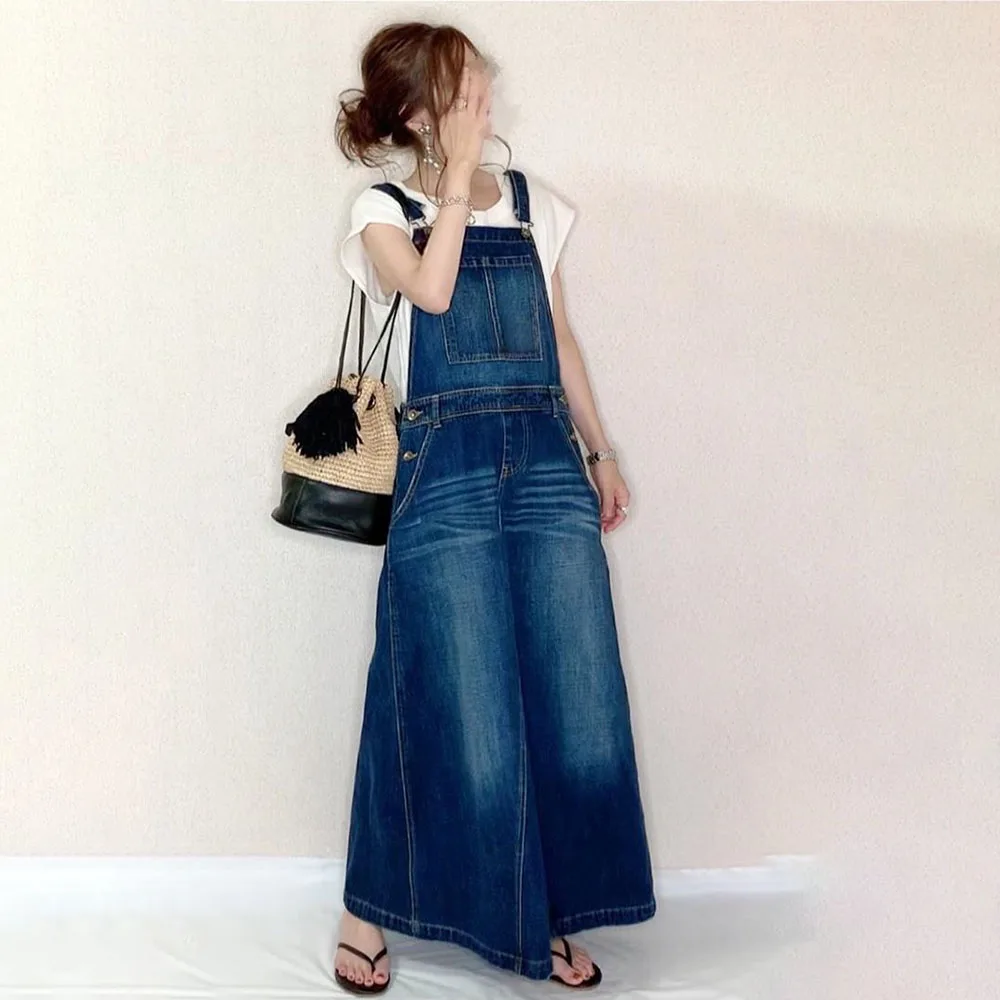 Jeseni Leta 2020 Suspender Srčkan Jeansa Obleko Japonski Svoboden Dame Dolge Obleke, Casual Žepi Gleženj-Dolžina Padca Ženski Jeans Obleka