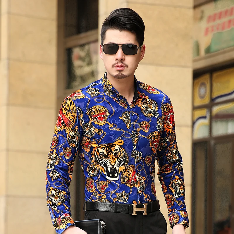 Jeseni Men ' s Long Sleeve Majica Moški Visoke Kakovosti Tiger Priložnostne Srajco Žamet Čisto Formalnih Moških Obleko Srajce Slim Masculina Camisa