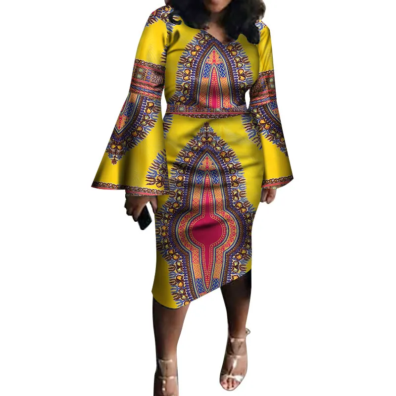 Jeseni Mode Flare Rokav Obleka Bazin Riche Tradicionalne Afriške Tiskanja Bombaža Ženske Obleke Proti-vrat Priložnostne Kratko Obleko WY3388