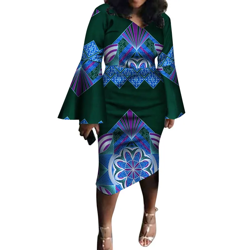Jeseni Mode Flare Rokav Obleka Bazin Riche Tradicionalne Afriške Tiskanja Bombaža Ženske Obleke Proti-vrat Priložnostne Kratko Obleko WY3388