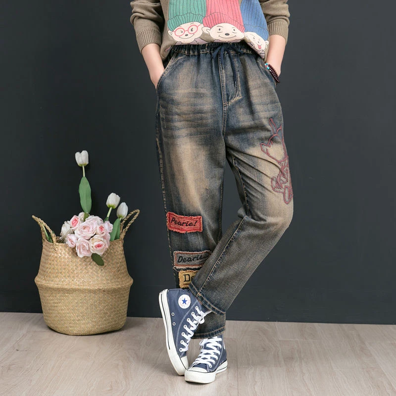 Jeseni Nove Umetnosti Slog Ženske Jeans Plus Velikost Letnik Vezenje Mozaik Svoboden Bombaža, Jeansa, Harem Hlače Visoke Kakovosti D554