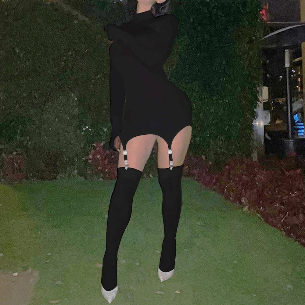 Jeseni, Pozimi Dolgi Rokav Visoko Vratu Obleko Slim-Fit Hip Seksi Kavljem Nogavice Moda Kylie Jenner Mini Obleka Z Nogavicami