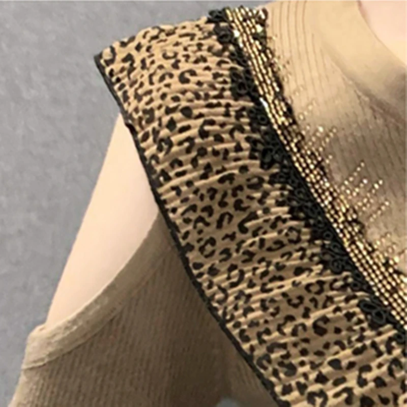 Jeseni, Pozimi korejski Oblačila, Pleteni Pulover Dekleta Elegantno Seksi Mozaik Leopard Ruffles Off Ramenski Sijoče Dimaonds Ženske T0D704A
