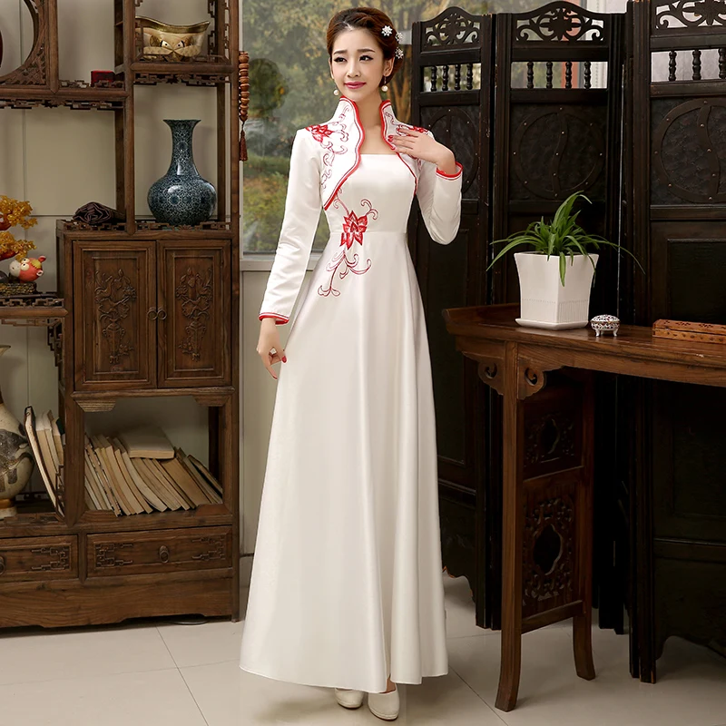 Jeseni, Pozimi Nove Ženske Vezenje Cvet Saten Cheongsam Kitajski Nevesta Poročno Obleko Z Dolgimi Rokavi Večer Qipao Stranka Oblek