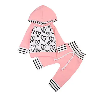Jeseni, Pozimi Srčkan Novorojenčka Otroci Baby Girl Obleke, Roza Toplo Hooded T-shirt Vrhovi+Hlače Otrok Obleke Set