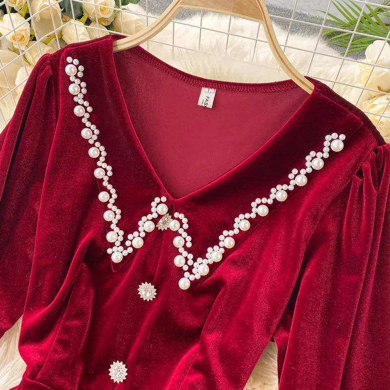 Jeseni, Pozimi Črna/Rdeča Beading Midi Obleko Za Ženske Priložnostne Peter Pan Ovratnik Beloprsi Singl Žamet Obleke Ženska Vestido 2020
