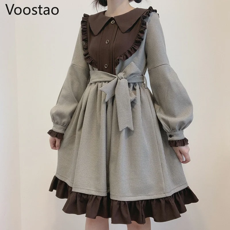Jeseni, Pozimi Ženske Gothic Lolita Obleko Japonski Mehko Sestra Ljubek Dolge Puff Rokav Kariran Pomlad Obleko Dekleta Kawaii Povoj Obleko