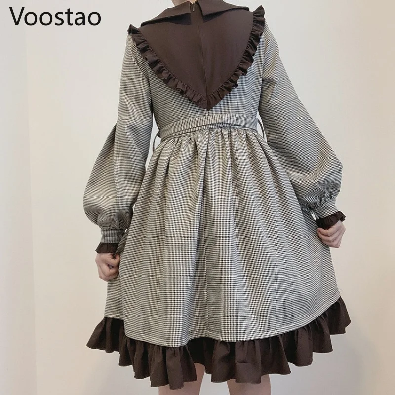 Jeseni, Pozimi Ženske Gothic Lolita Obleko Japonski Mehko Sestra Ljubek Dolge Puff Rokav Kariran Pomlad Obleko Dekleta Kawaii Povoj Obleko